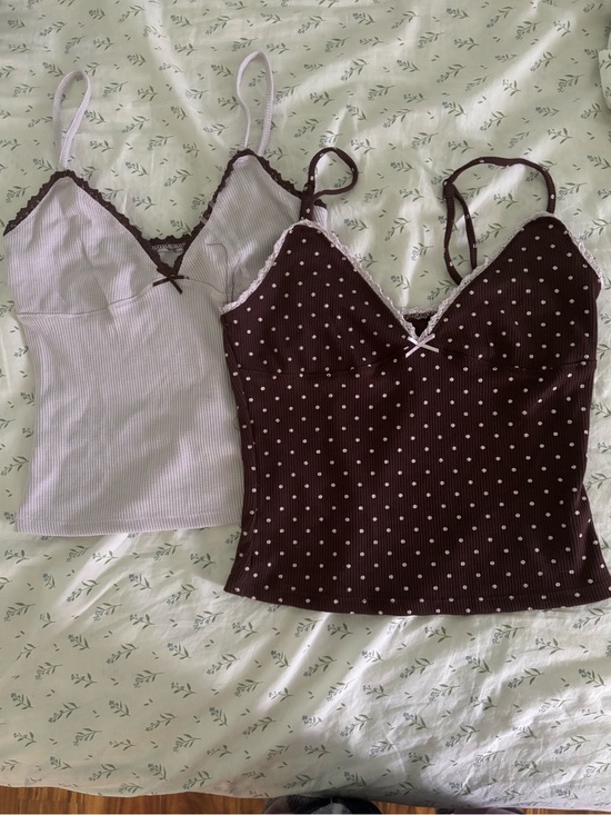Tops - Women’s Polka Dot & Ribbed Lace Trim Cami - Brown and Light Pink